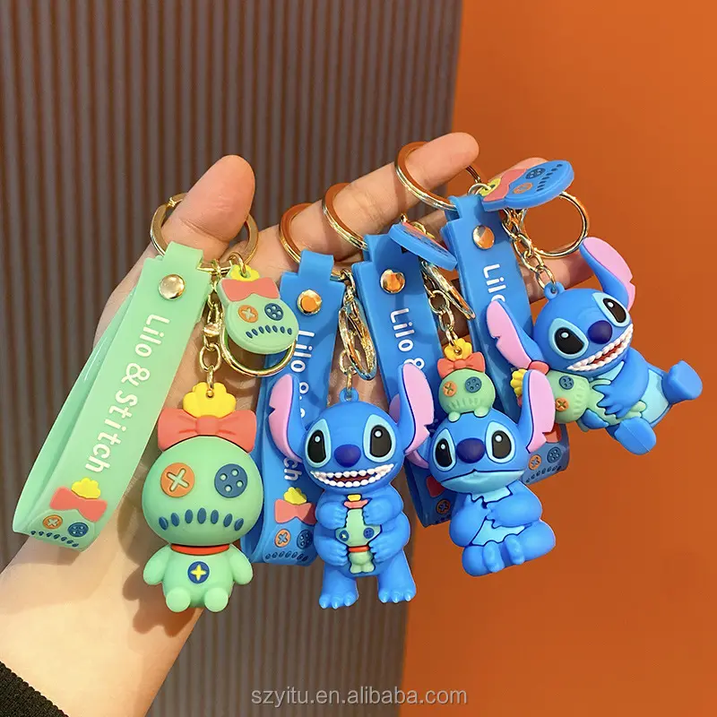 3d pvc cartoon azul ponto chaveiro anel cordão chaveiro saco pingente acessórios stitch chaveiro