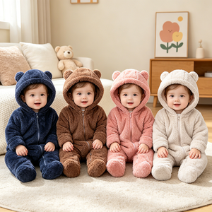 0-12 mesi grazioso tutina con cappuccio per neonati abbigliamento in pile con orso tuta da neonato vestiti invernali <span class=keywords><strong>pagliaccetto</strong></span> per bambini all'ingrosso - Product Image 1
