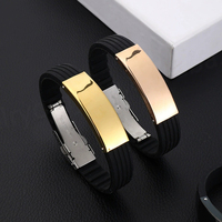 Bracelet de sport en silicone noir tendance pour homme, avec grand pendentif barre vierge gravable, personnalisable avec logo, en laiton plaqué or 18 carats