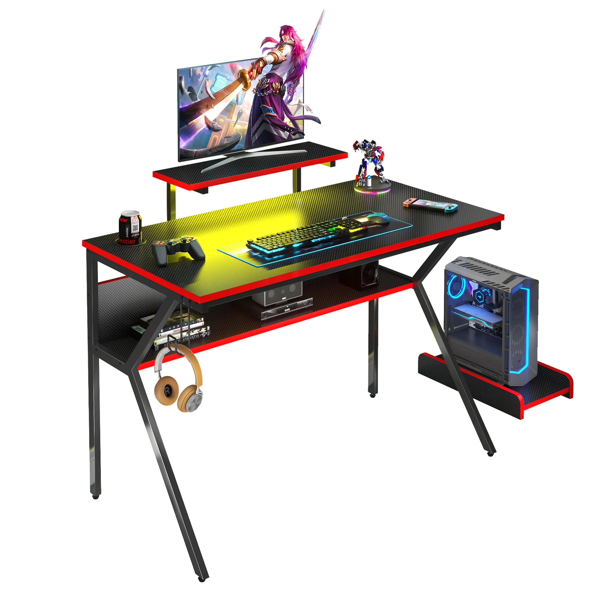 BESTIER-MESA DE JUEGOS RGB en forma de K, escritorio de ordenador de estilo de carreras, mesa de oficina para jugadores, estación de trabajo con soporte para CPU