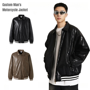 Blouson de moto d'hiver personnalisé pour hommes grande taille en cuir PU, double fermeture éclair, manches longues, coupe-vent, imperméable, motif uni - Product Image 1