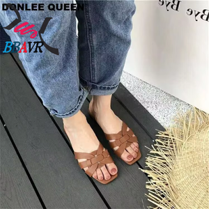 Zapatos de Mujer con Tacón Plano, Sandalias Tejidas Nuevas de Verano, Pantuflas de Una Sola Tira con Suela Plana - Product Image 4