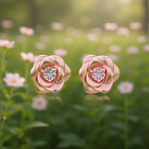 E4285 Orecchini a forma di fiore in oro rosa con montatura a griffe in zirconi rotondi per gioielli da donna, regalo romantico - Product Image 2