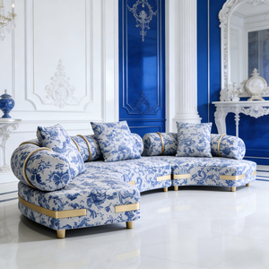 Sofá Curvo de Lujo Estilo Porcelana Azul y Blanca, Sofá de Tela Artístico Moderno para Sala de Estar de Villa y Decoración de Vestíbulo de <span class=keywords><strong>Hotel</strong></span> - Product Image 3