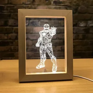 Kunden spezifische Buche Holz Foto rahmen Licht Anime Serie Iron Man Minions 3d Acryl LED Nachtlicht