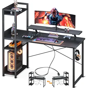 Reversible Gaming Table with Charging Station Power Outlet Small Computer Desk with Monitor Stand Display Stand for Home Office