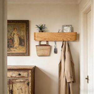 Étagère murale en bois avec crochets, porte-manteau et porte-chapeaux, organisateur pour porte d'entrée, couleur bois naturel, rectangulaire, installation facile - Product Image 2