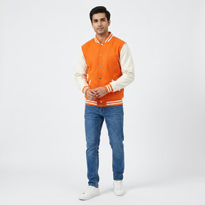 <b>Mens</b> Orange <b>White</b> Stand Front 100% Cotton Varsity <b>Jacket</b> Stylish College Bomber Outerwear Trendy Streetwear Warm Winter Fashion - Product Image 1