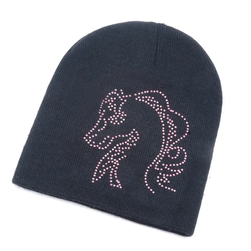 Luxury Women Winter Fashion Cute Bling Rhinestones Custom Brand Black Knit Beanie Hats Toque Cap With Rhinestones