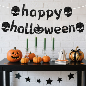 Guirlande d'Halloween avec lettrage noir et paillettes dorées, fournitures de fête, décorations réutilisables en papier, utilisation intérieure et extérieure - Product Image 4