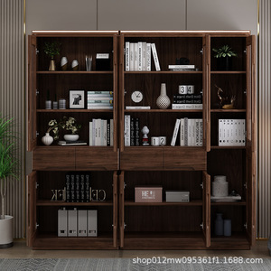 Jin Yan <b>Solid</b> <b>Wood</b> <b>Bookcase</b> Walnut Color Glass Doors Floor Standing Storage Cabinet For Home Office Use - Product Image 3