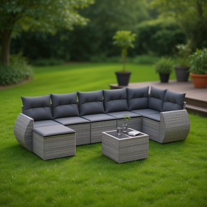 Conjunto de Sofás de Jardín de Mimbre Gris para 6 Personas, Muebles de Mimbre Contemporáneos para Exteriores - Product Image 2