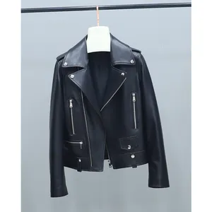 2023 new locomotive leather coat women's autumn and winter coat black sheep skin short long-sleeved leather jacket