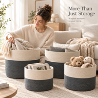 Panier à linge rond en corde de coton bicolore style nordique, grand format, avec poignées intégrées, pour vêtements, couvertures, serviettes, rangement de chambre d'enfant
