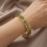 Bracelets Joncs Chunky Femme en Acier Inoxydable Plaqué Or 18K, Motifs Creux Turquoise, Vente en Gros, Luxe et Tendance