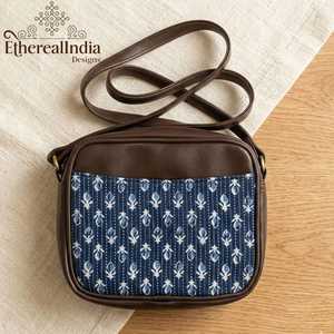 Handmade Indigo Buti Print Sling Bag Cotton Crossbody Bag Ethnic Boho <b>Small</b> Vegan Leather <b>Purse</b> - Product Image 6