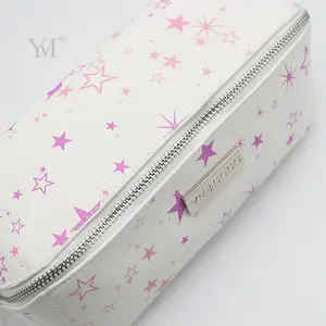 Bolsa de cosméticos de couro pu personalizada, com estampa de estrela, padrão portátil, saco de maquiagem para viagem com impressão de logotipo