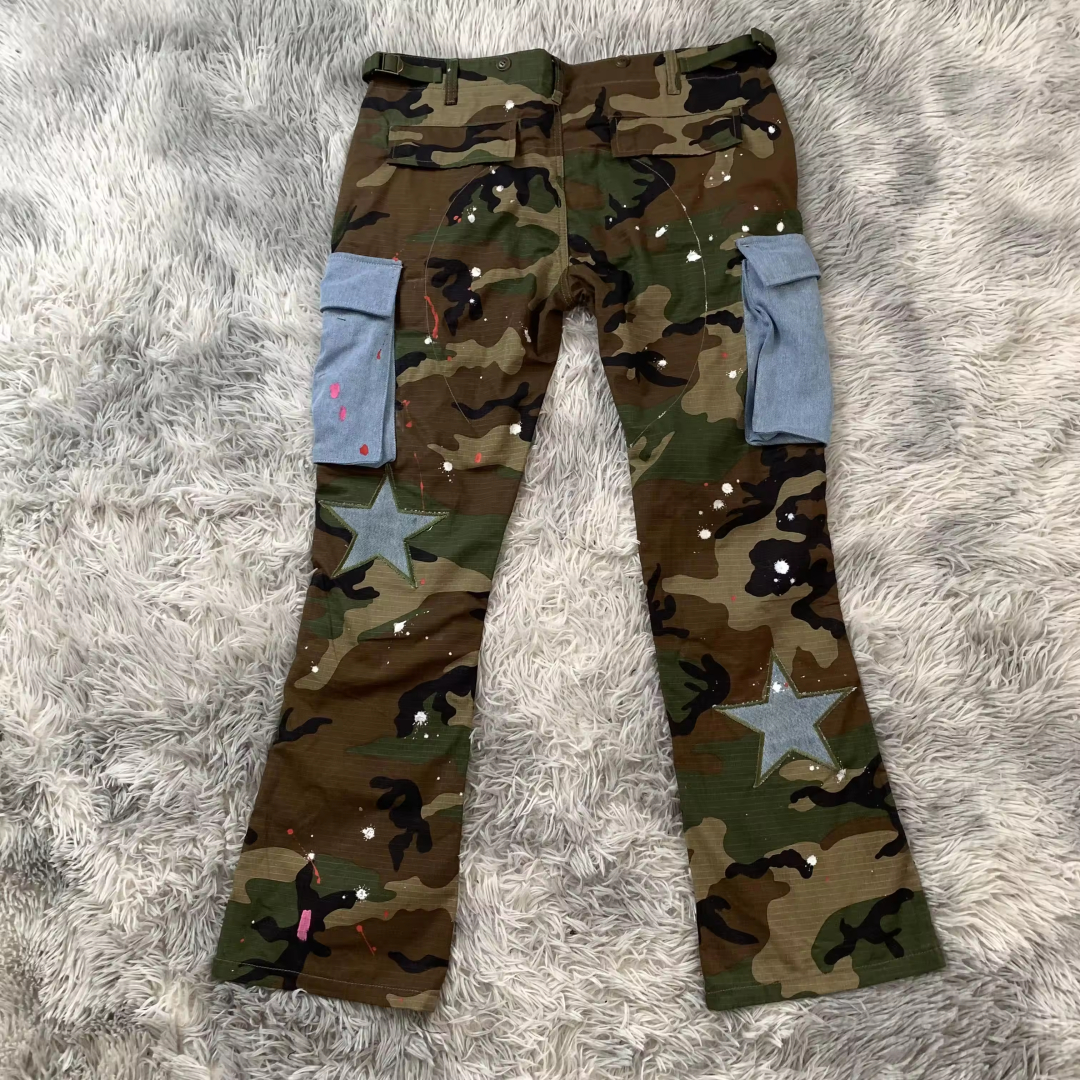 DENIMGUYS Custom Camo Green Flare Pants - Streetwear Style