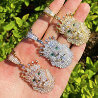 Nouveau Collier Pendentif Tête de Lion Couronne en Laiton Massif Tendance Hip Hop, Entièrement Sertie de Zircone Cubique, Bijoux de Rappeur, Vente en Gros
