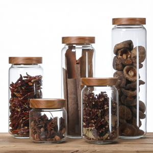 Large Capacity <b>Glass</b> <b>Storage</b> Jar Wooden Lid Airtight <b>Food</b> <b>Container</b> Round Spice and Coffee Bean Canister for Kitchen - Product Image 1