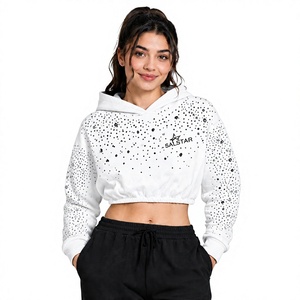 SALSTAR Women's White Cropped Hoodie With <b>Glitter</b> Dot Print Y2K Style Full Sleeve Pullover Sweatshirt Spring Casual Wear - Product Image 1