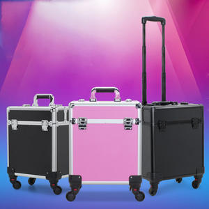 Valise de maquillage professionnelle à roulettes, couleur unie, avec rivets et couvercle verrouillable, petite poignée télescopique, sac de rangement pour outils d'artiste - Product Image 3