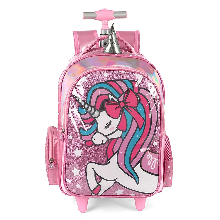 New Design Children Cartoon Kids School Trolley Backpack With Wheel For Girls