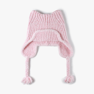 Bonnet d'hiver pour femme en tricot avec oreilles de chat, mélange de laine, pompon et liens tressés, doux, chaud, couleur unie, pour temps <span class=keywords><strong>froid</strong></span> - Product Image 2