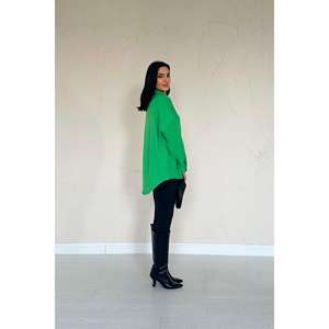 Chemisier asymétrique vert en mousseline pour femme, style décontracté, manches longues, avec superposition transparente - Product Image 1