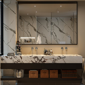 Mueble de <span class=keywords><strong>Baño</strong></span> de Estilo Hotel de Lujo, Combinación de Lavabo Doble de Cerámica sin Juntas con Losa de <span class=keywords><strong>Roca</strong></span>, Lavabo para Lavarse las Manos - Product Image 1