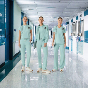Ensemble de blouses médicales unisexes VICS SPORTS vert menthe en polyester tissé et élasthanne, uniforme d'infirmière à manches courtes et col en V, tenue de travail hospitalière - Product Image 3
