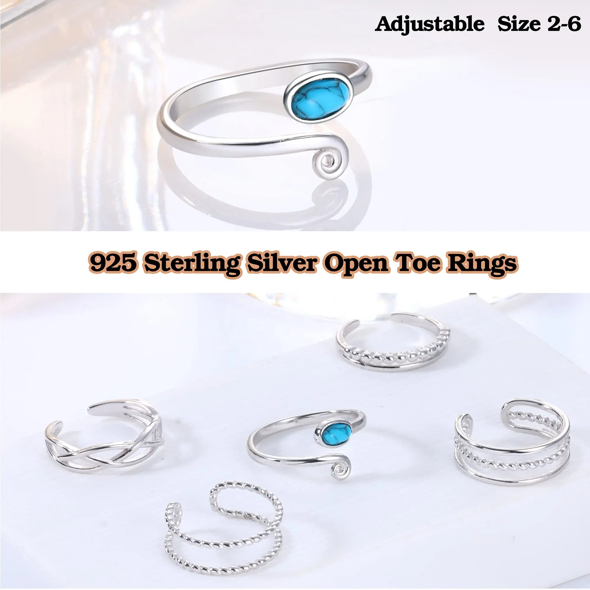Perak Murni 925 Cincin Kaki Toska Perhiasan Kaki Cincin Kaki Terbuka Grosir Cincin Perak Jari Kaki Dapat Disesuaikan