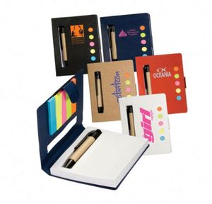 Bloc-notes adhésif Eco Mini Stowaway avec stylo, 5 marque-pages adhésifs néon assortis, papier cartonné perforé, stylo intégré dans une fente découpée - Product Image 3