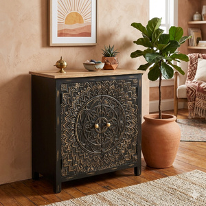 Hand-Carved Mandala Wooden Accent Cabinet – 2-Door Rustic Storage Sideboard & Entryway <b>Console</b> Table, Distressed <b>Black</b> & Gold - Product Image 1