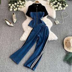 Summer Casual Sport One Set for <b>Women</b> Eco-Friendly Anti-Wrinkle Breathable Slim Sweat Suits Color Blocking V-neck Full-Length - Product Image 1