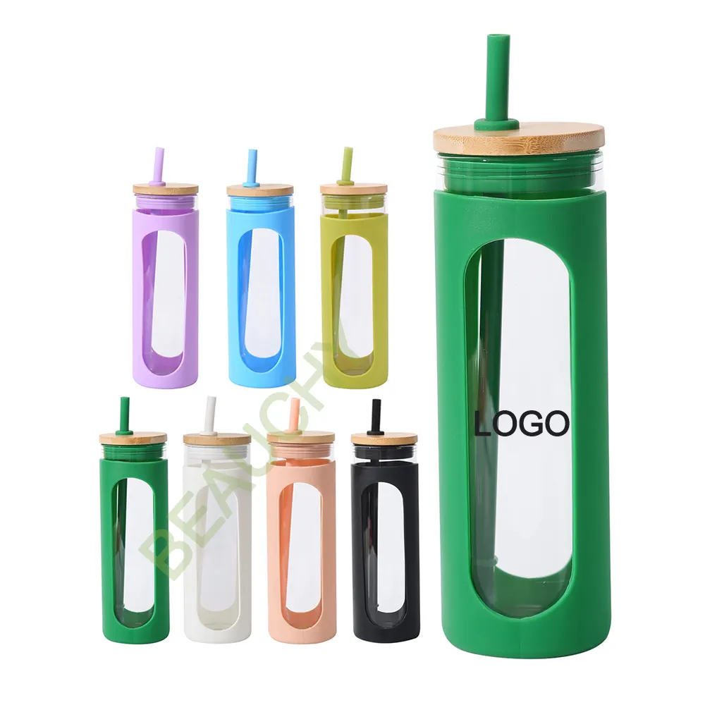 실리콘 보호 슬리브와 대나무 뚜껑 BPA 무료 신상품 600ml/ 20oz 투명 유리 물병 유리 텀블러