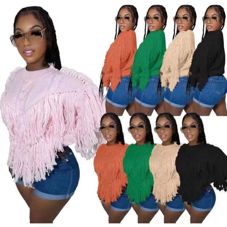 JGZY Wholesale boutique women thick sweater fashion oversize solid tassel pullover knitted