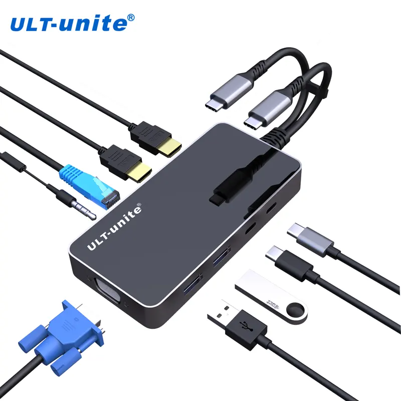 Ethernet ile ULT-unite 9 in 1 USB C Hub 8K 4K HDMI VGA 3.5mm 3.0USBx2 tip C veri ve PD 100W bağlantı noktaları dizüstü yerleştirme istasyonu