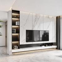 Meuble TV en marbre avec étagères ouvertes, style minimaliste blanc, pour salle de divertissement, en noyer nordique