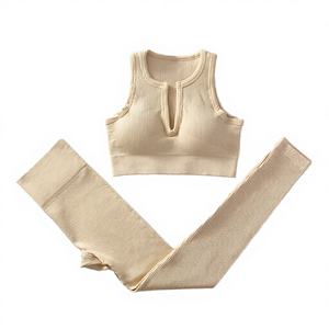 Ensemble de leggings de sport pour femmes, sans couture, respirant, léger, avec soutien-gorge de yoga et hauts sans manches côtelés, vêtements de sport deux pièces - Product Image 2