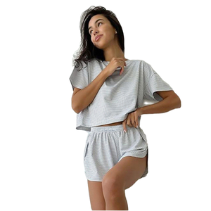 Conjunto de Ropa de Dormir y Casual de Verano para Mujer 2025, Estilo Europeo Americano, Cintura Elástica, Tejido de Punto, Rayas, Transpirable, Holgado - Product Image 4