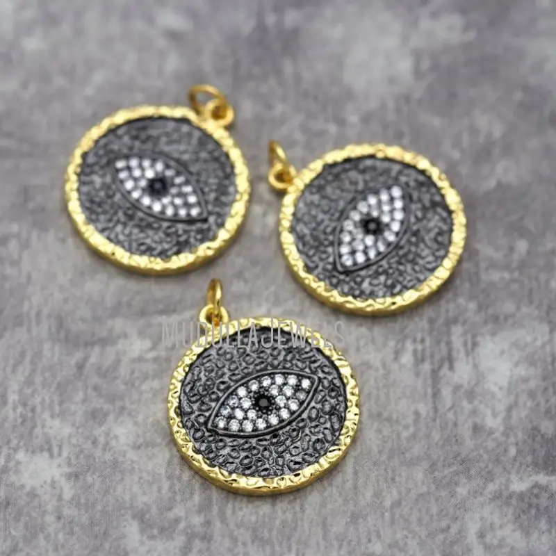 PM26746 Copper Jewelry Black Clear Gunmetal Plated Gold Plated Cubic Zirconia Irregular Surface Round Shape Evil Eye Pendant