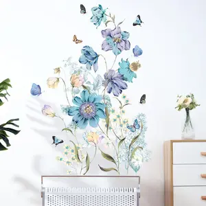 Mavi ve mor çiçekler kelebek duvar çıkartmaları yatak odası oturma arka plan dekoratif kız duvar çıkartmaları için