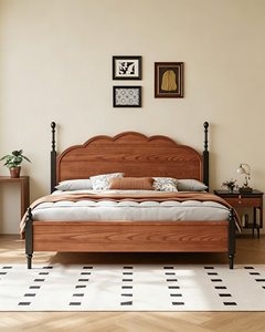 Premium Solid Wood <b>Bed</b> Frame French Vintage Wavy Headboard Black Turned Legs Two-tone Bedroom Furniture Stable Home Wooden <b>Doubl</b> - Product Image 1