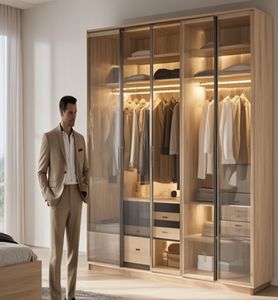 Organiseur de vêtements sur mesure pour armoire, laque imitation bois, stratifié mélaminé, meuble de chambre à coucher avec éclairage LED - Product Image 4