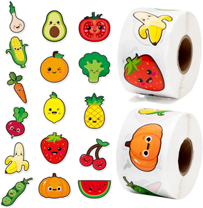 Autocollants en papier artistique écologiques imperméables en gros, forte adhérence, couleurs mélangées, motifs amusants fruits légumes émoticônes - Product Image 1