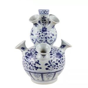 Vases à fleurs en céramique poreux de forme irrégulière unique, bleu et blanc, avec trous, style européen, style palais, vase en céramique poreux - Product Image 2