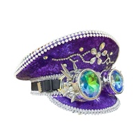 Chapeau de capitaine en peluche violet steampunk personnalisé avec sequins et strass, 3 MOQ, pour Burning Man, luxe, unisexe, pour plage et fêtes en extérieur, vente en gros