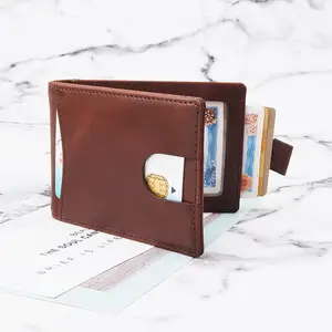 Billetera de cuero genuino plegable para hombre, con bloqueo RFID, bolsillo frontal, minimalista, delgada, con clip para dinero