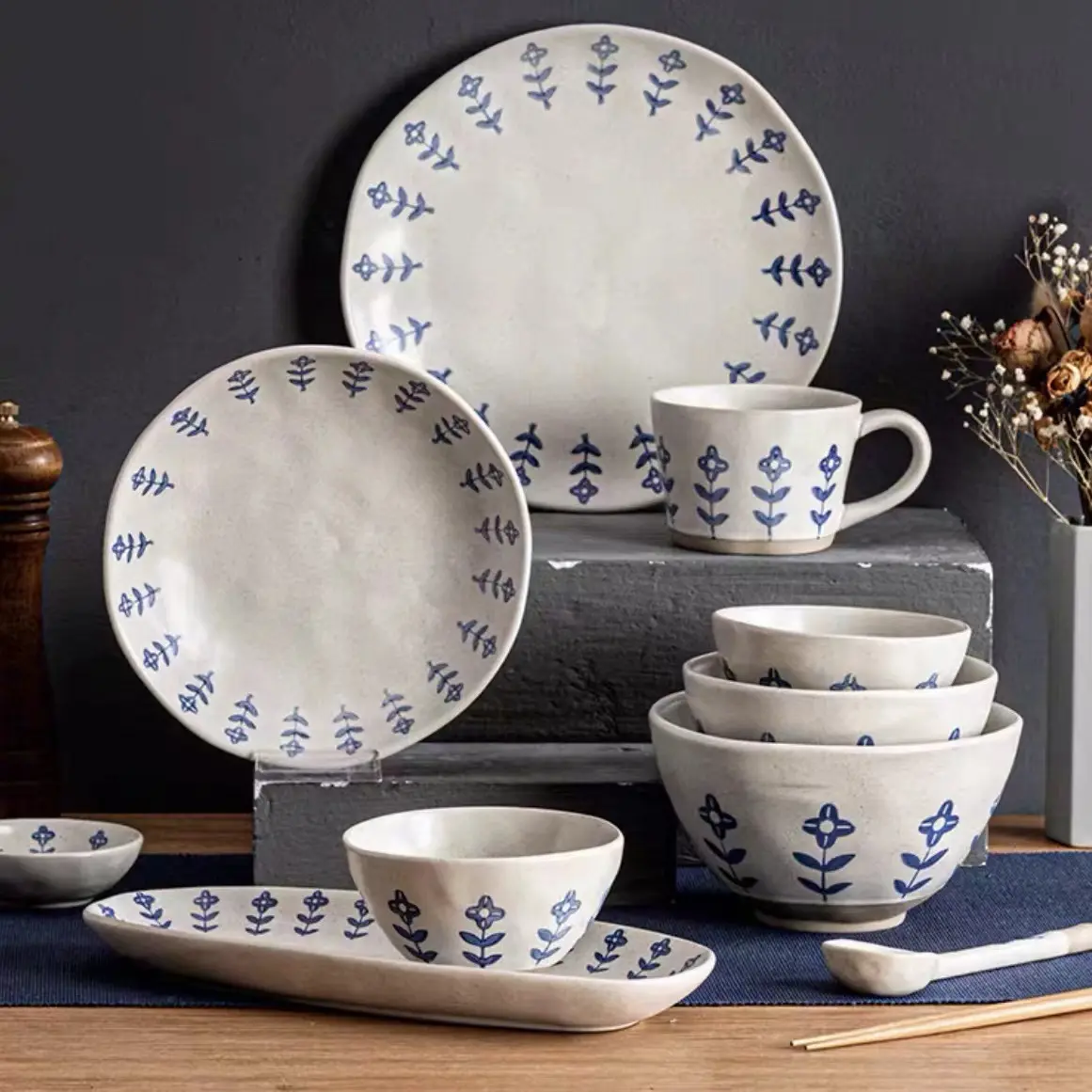 Grosir jumlah besar set peralatan makan keramik buatan tangan glasir modern vintage hotel Rumah Restoran Makan Malam